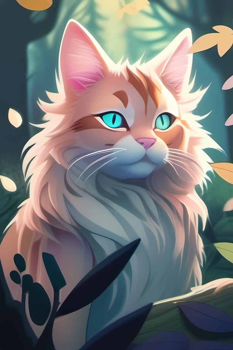 illustration of a cat with leafs fur in a magical forest, [fur : leafs : 0.5] dramatic light, , pastel colors, (extremly detailed : 1.5), 8K, (anime : 1)