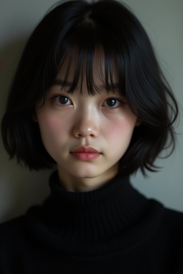 Raw photo. Sacred. Beloved. Pure, innocent, pure, 32 years old. Tattoo. Photorealistic portrait of a cute and pure Japanese girl with black bob hair. Kind. Emphasizing her innocence. She is wearing a black turtleneck sweater, which brings her features and facial expression into focus. The lighting is soft and natural, perfectly capturing her cuteness and purity without the distraction of the background. High resolution photo, soft focus lens, natural light, close-up composition, minimalist approach, attention to the texture and details of the sweater, highlighting her purity and innocence.