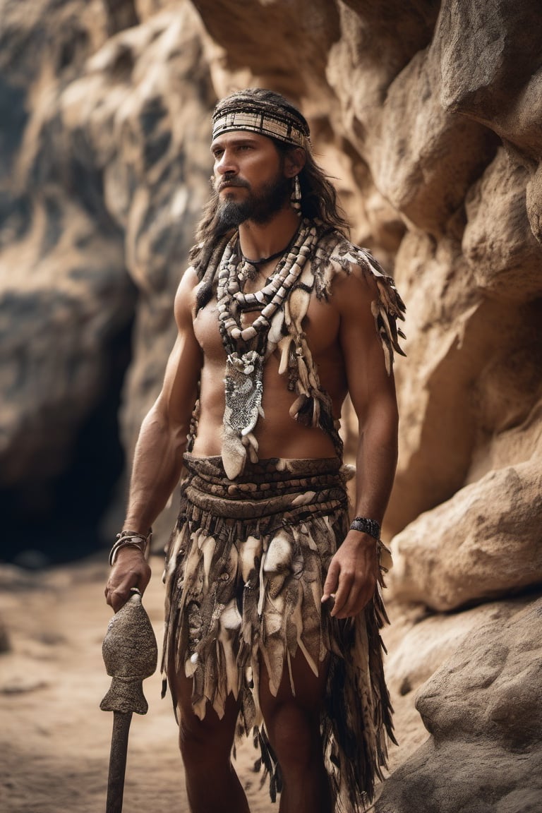 Man, Stone age,tribe,weird,old hunt animal,animal skin dress, cave, stone age painting,photogenic,bone jewelary,(daytime HD ) ,full body, photography,  hyper detailed,  cinematic,cinematicphotograpy ,cinematic light,trending on face, detailed,sharp focus. 