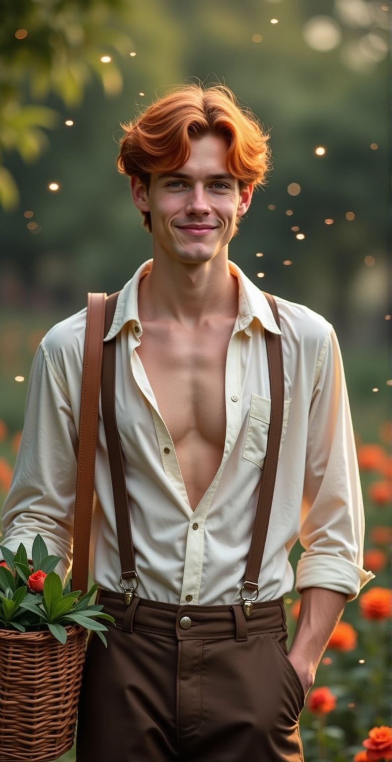 A thin American muscular young man, red straight hair, She has a sweet smile, wearing a loose white shirt with the buttons open so that his chest was visible, Wearing brown suspenders, his sleeves were long and rolled up almost to his elbows, He was carrying a woven rattan basket filled with leaves and some flowers, The background is a flower garden which is not too large, sparkling effect, dreamy portrait, bokeh effect, cinematic lighting, portrait, dynamic poses, movement poses, intricate details