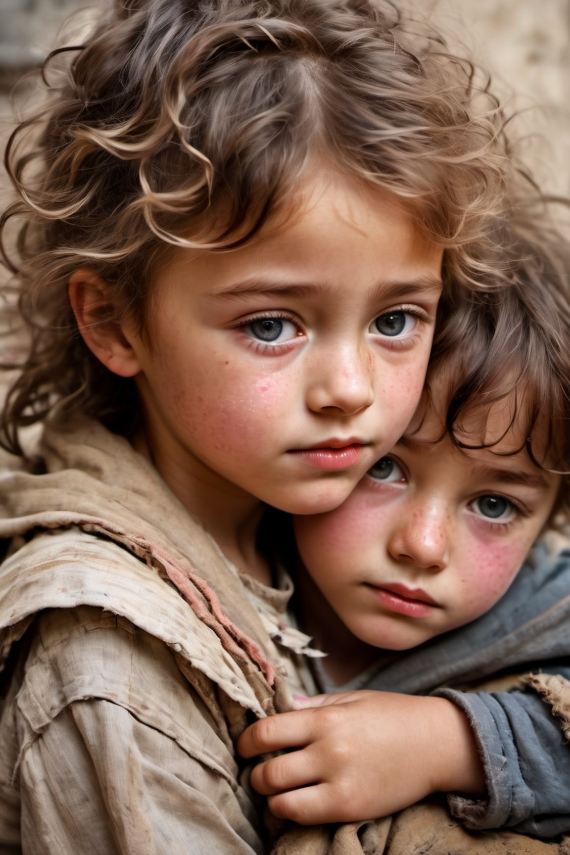 close-up war photo of a little homeless girl ((wearing old, torn clothes, "hugging her little brother")), (shy), girl with messy curly brown hair, dirty and marked face, very detailed, eyes beautiful, [chubby], adorable little boy, with sad pink cheeks and eyes, beautiful war environment destruction scene, (Rembrandt Lighting), zeiss lens, ultra realistic, (highly detailed skin: 1.2), 8k uhd, dslr, Dramatic Rim light, high quality, Fujifilm XT3,