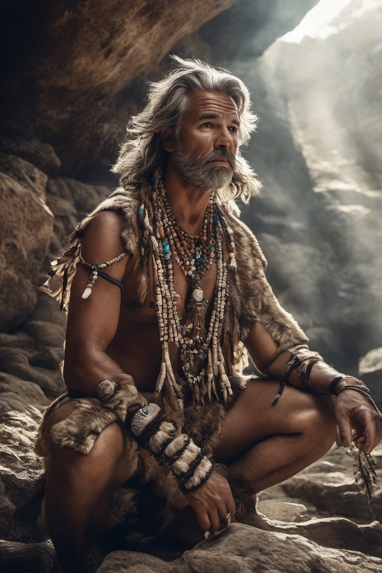 Man, Stone age,tribe,weird,old hunt animal,animal skin dress, cave, stone age painting,photogenic,bone jewelary,(daytime HD ) ,full body, photography,  hyper detailed,  cinematic,cinematicphotograpy ,cinematic light,trending on face, detailed,sharp focus. 