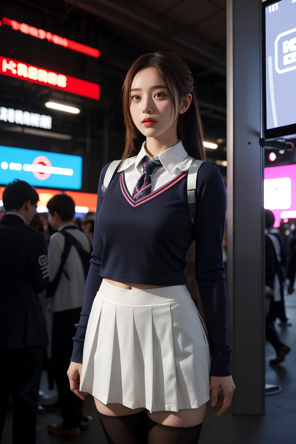 A serene scene of a female Autobot in a Japanese schoolgirl uniform, her cybernetic components visible beneath the fabric, set against the vibrant, high-tech backdrop of a cyberpunk day,poakl