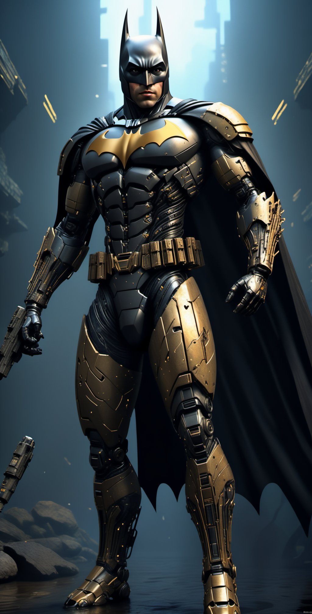 a black and gold batman costume on a dark background, in the style of aleksi briclot, hieratic visionary, intricate details, joong keun lee, 32k uhd, machine aesthetics, kushan empire, sharp focus, emitting diodes, smoke, artillery, sparks, racks, system unit, motherboard, by pascal blanche rutkowski repin artstation hyperrealism painting concept art of detailed character design matte painting, 4 k resolution blade runner,Movie Still,cyborg style,underwater