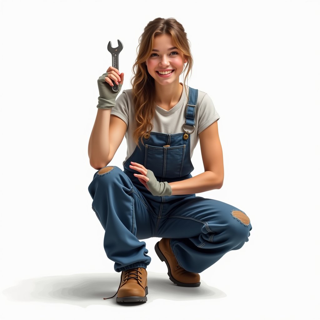 creates a pretty young woman, dressed in mechanic's clothes, crouching, holds a wrench in her hand, isolated in the center of a white canvas with no background, oil painting.