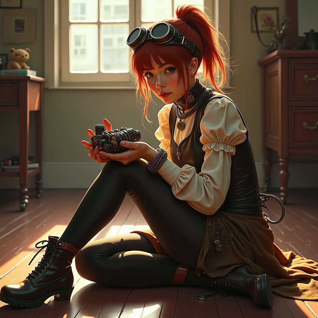 steampunk girl, 20 year old, full body, sitting on the floor, in a Victorian-inspired outfit, intricate gear details, goggles on her head, holding a mechanical gadget, beautifully lit, cinematic, highly detailed, digital painting, 4k resolution, by Greg Rutkowski and Artgerm, dynamic lighting, warm color palette, oil painting.