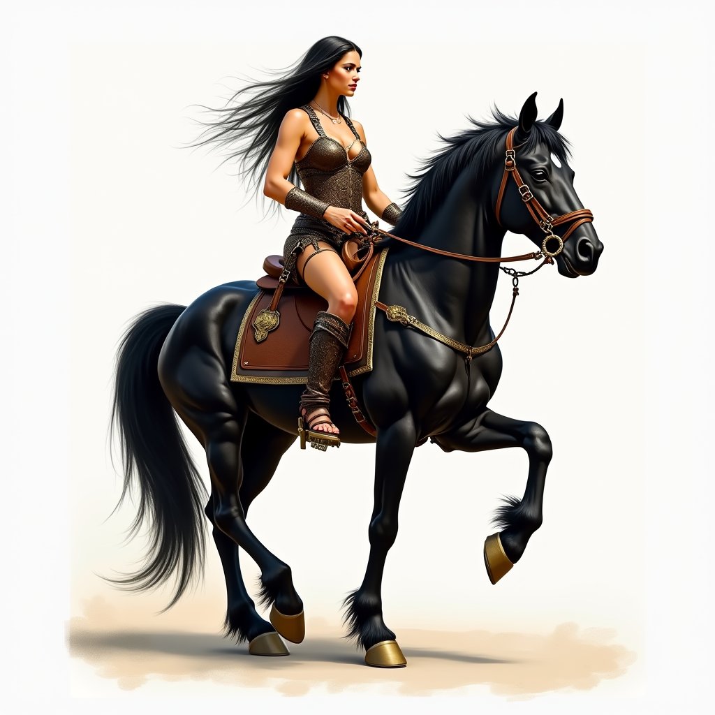  A detailed painting in the style of James Jean. A Xena warrior princess riding a top a black horse. The horse has gold reins. Hyper realistic. Oil painting. Isolated in the center of a bright smooth canvas with no background, sharp, crisp, airbrushed, 32k high definition, UHD, masterpiece.
