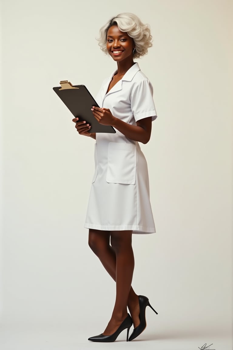 oil painting, a black woman, nurse, full body, standing with feet on the ground, short wavy white hair, holding a clipboard, looking at the camera, winking, white skirt, isolated in the center of a smooth canvas with no background, 
