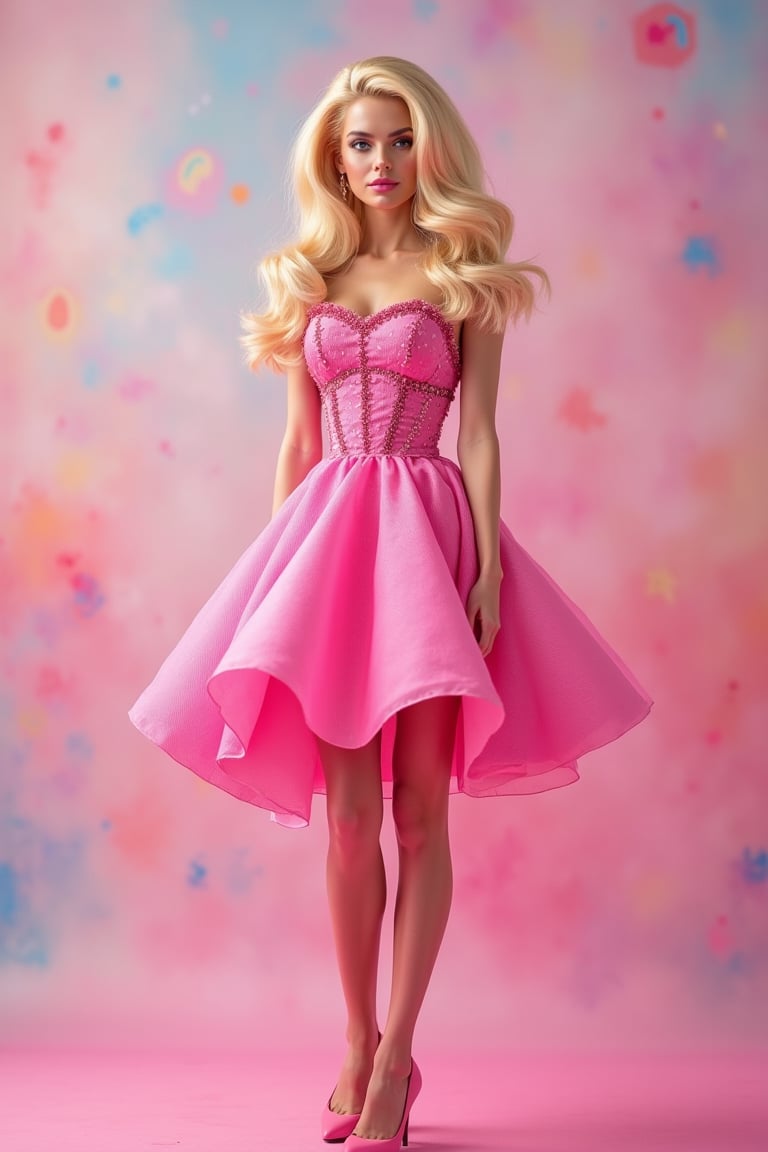 Margot Robbie as Barbie, full body, standing with feet on the ground, vibrant pink dress, iconic blonde hair, dreamy pastel background, 8k resolution, highly detailed, whimsical lighting, cinematic, realistic portrait, inspired by fairy tale art, masterpiece, oil painting.
