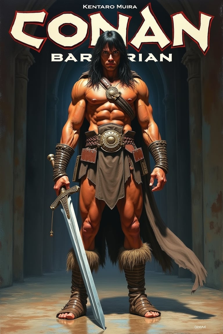 A detailed masterpiece magazine cover by Kentaro Muira, front view, Conan the barbarian, full body, reflective floor, holding large sword in both hands, intense expression looking at viewer, text in Crom font that reads 'Conan the Barbarian', UHD, oil painting.
