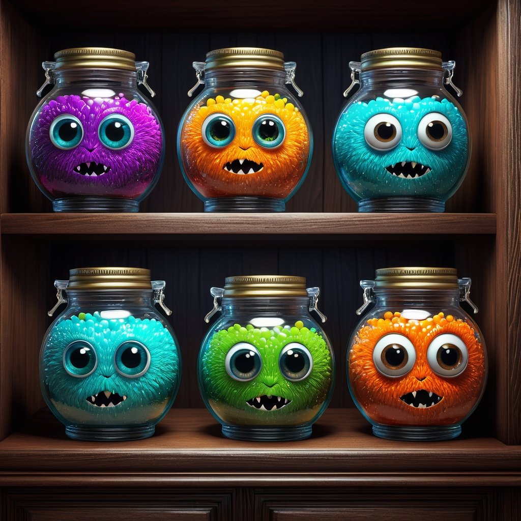 Cute adorable monsters jars on a shelf; big round detailed eyes, cute and endearing style, alchemists work table background; photorealistic, hyperdetailed, maximalist, ornate, elaborate, complex, dark academia, arcane, magical, animation, concept, scifi, fantastical, surreal, vray, glossy, shiny,