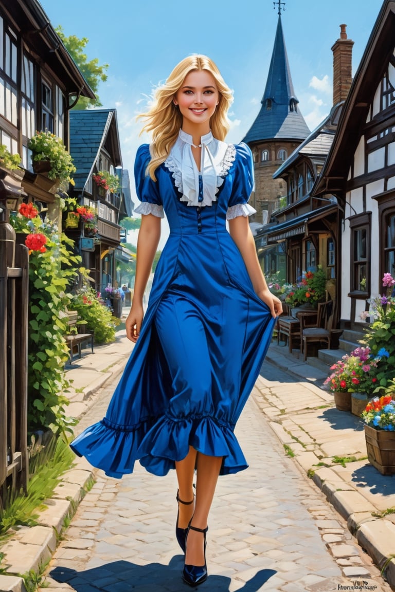 Beautiful blonde haired German girl dressed in victorian fashion, happy, smiling, fun, summer, flowers, stunning pose, perfect legs, pretty face features, pretty features, blue dress, walking on village street, detailed and pretty, Wadim Kashin, James Gurney, Ink, splash art, Roy,