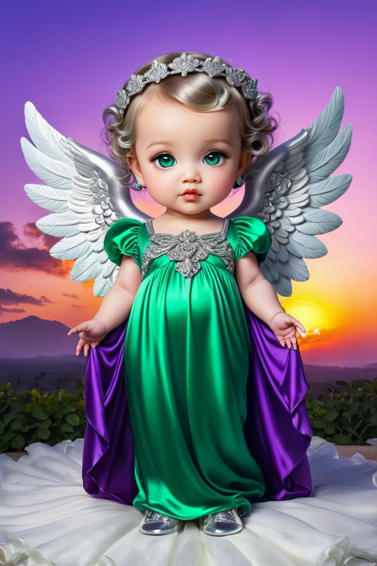 Beautiful chubified baby angel, emerald green vivid eyes, cute and adorable chibi baby angels, perfect detailed symmetrical angel wings, purple silk flowy gown, silver baby shoes, sunset cloudy background; photorealistic, insanely detailed, meticulous fantasy art, elegant, elaborate, gothic, colorful,