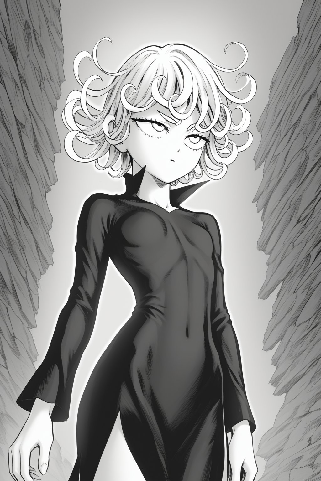 anime artwork, score_9, score_8_up, score_7_up, score_6_up, score_5_up,tatsumaki, short hair, curly hair, monochrome,greyscale,long sleeves,dress