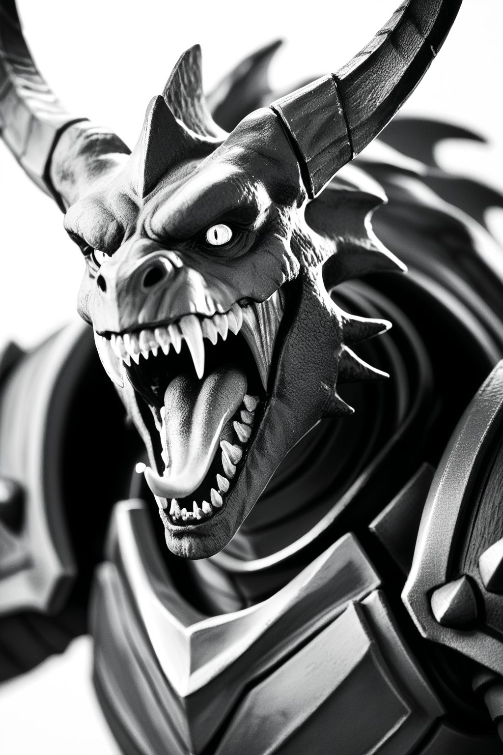 score_9, score_8_up, score_7_up, score_6_up, 1girl, white background, monochrome, upper body, weapon, greyscale, female focus, horns, teeth, armor, no humans, sharp teeth, monster, dragon, hatching \(texture\)