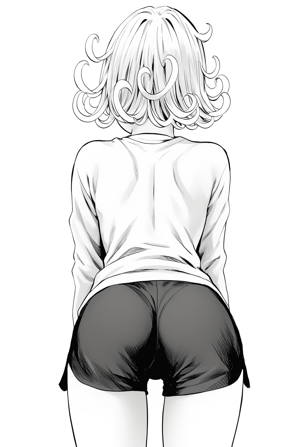 anime artwork, score_9, score_8_up, score_7_up, score_6_up, score_5_up,tatsumaki, short hair, curly hair, monochrome,white sports jersey 24,
tightblack sports shorts,behind pov,facing away