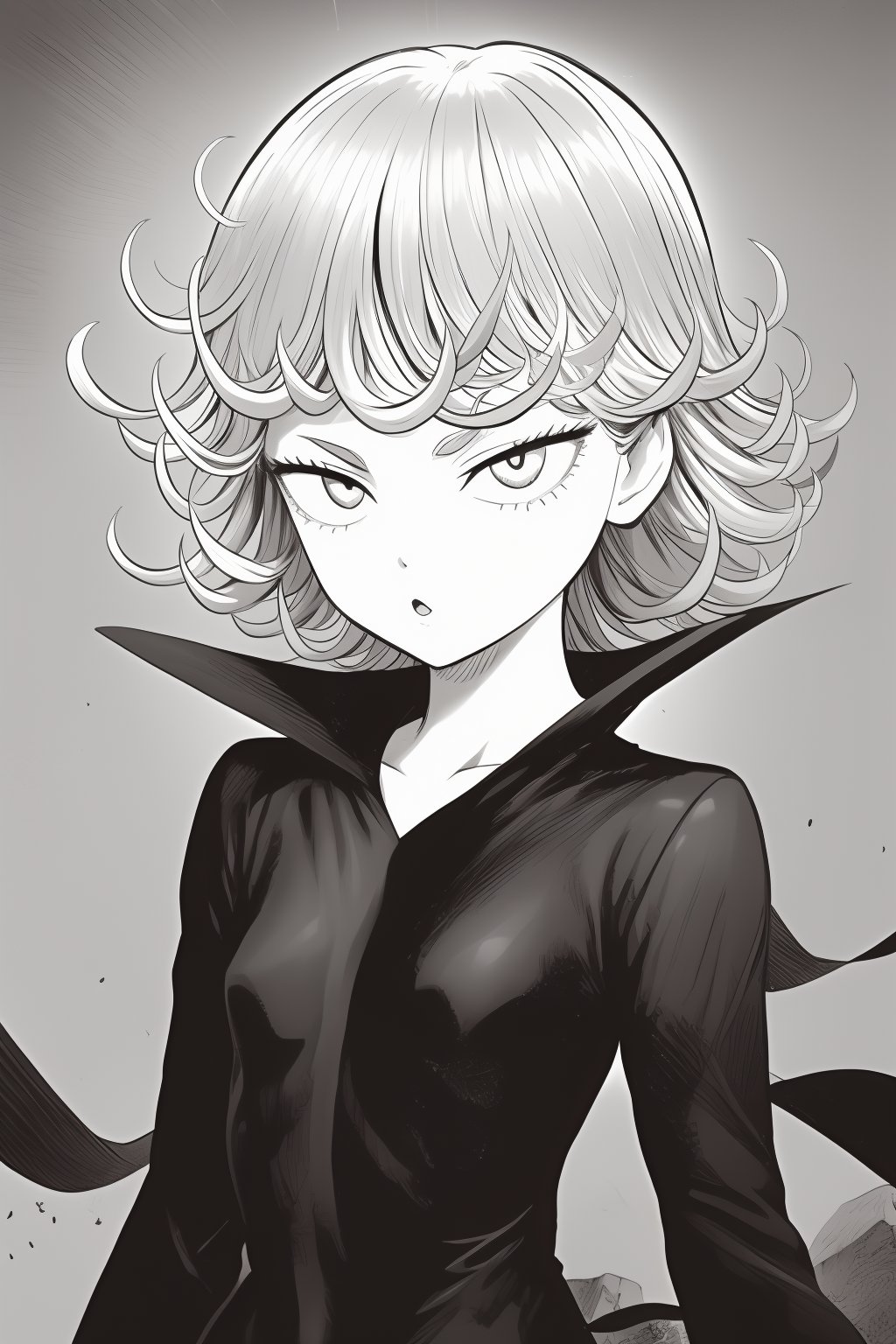 anime artwork, score_9, score_8_up, score_7_up, score_6_up, score_5_up,tatsumaki, short hair, curly hair, monochrome,greyscale,long sleeves,dress