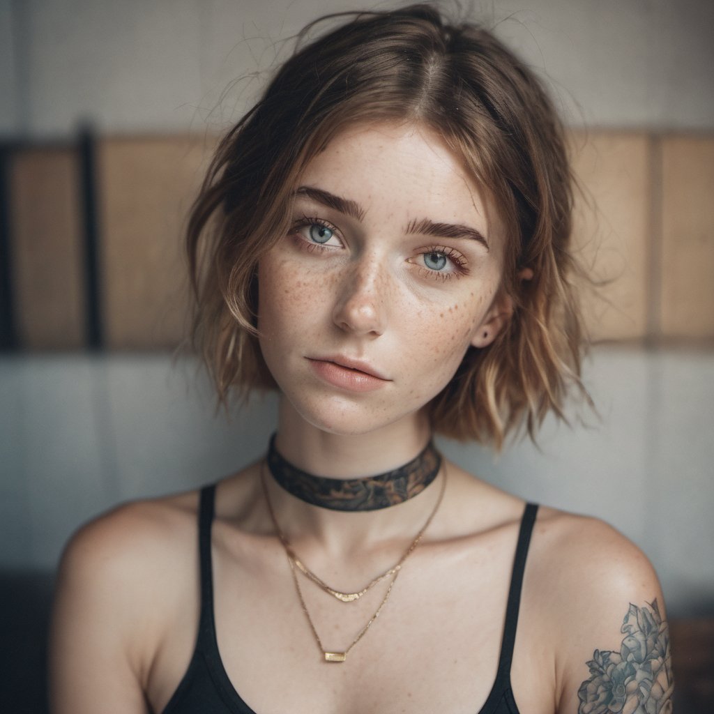 photo, rule of thirds, dramatic lighting, medium hair, detailed face, detailed nose, woman wearing tank top, freckles, collar or choker, smirk, tattoo, intricate background
,realism,realistic,raw,analog,woman,portrait,photorealistic,analog,realism