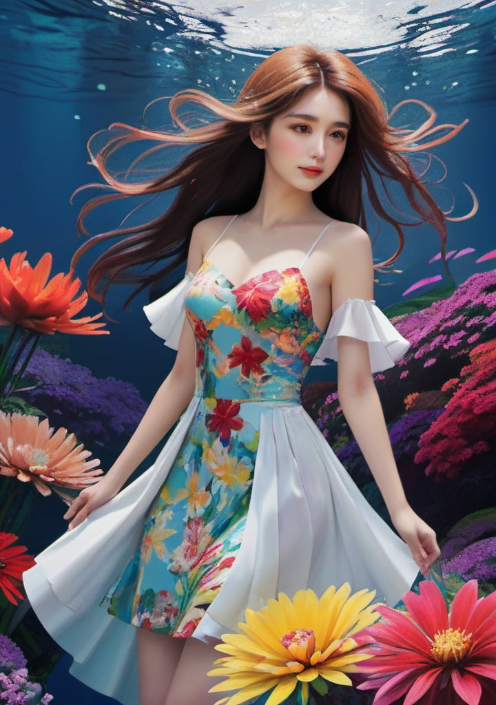 portrait,woman, underwater, flower dress, colorful, darl background,flower armor,white theme,dfdd,2d_animated,niji5,underwater