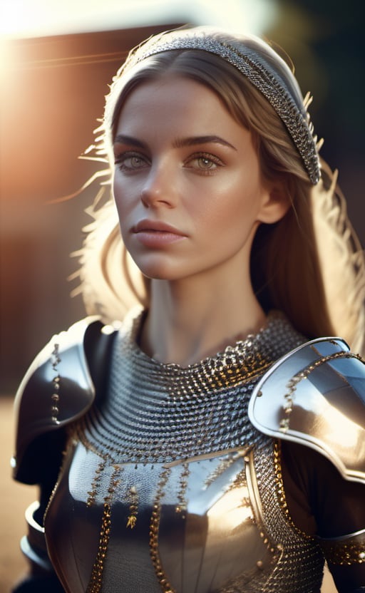 (masterpiece), (extremely intricate:1.3), (realistic), portrait of a girl, the most beautiful in the world, (medieval armor), metal reflections, upper body, outdoors, intense sunlight, far away castle, professional photograph of a stunning woman detailed, sharp focus, dramatic, award winning, cinematic lighting, octane render  unreal engine,  volumetrics dtx, (film grain, blurry background, blurry foreground, bokeh, depth of field, sunset, motion blur:1.3), chainmail