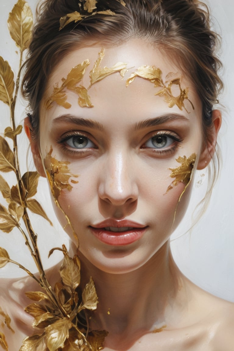 high contrast portrait of a model with shadow in her face, with a totally white background, gold oil painting background, plants, , shine bright like a diamond, carving art, very high details, high quality , emotionally evocative, expansive strokes, atmospheric, dynamic, dramatic, best quality, best resolution Test, by alex1shved, highly realistic, ruddy skin, beautiful, full lips, smiling, feeling of lightness and joy, hyperrealism, skin very elaborated, direct gaze, by alex1shved