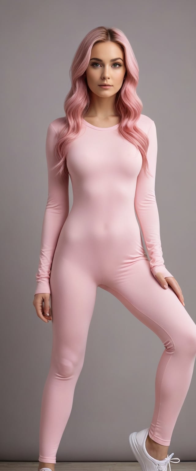 photo of a beautiful woman, at home, advertisement, wearing pink body suit, cotton, comfortable, slicked-pink long hair, tie and die hairstyle, athletic, crouching down, trendy womens apparel brand, legs, back, minimalism, alternative style, Scene from a modern commercial, scene from a modern romantic movie


