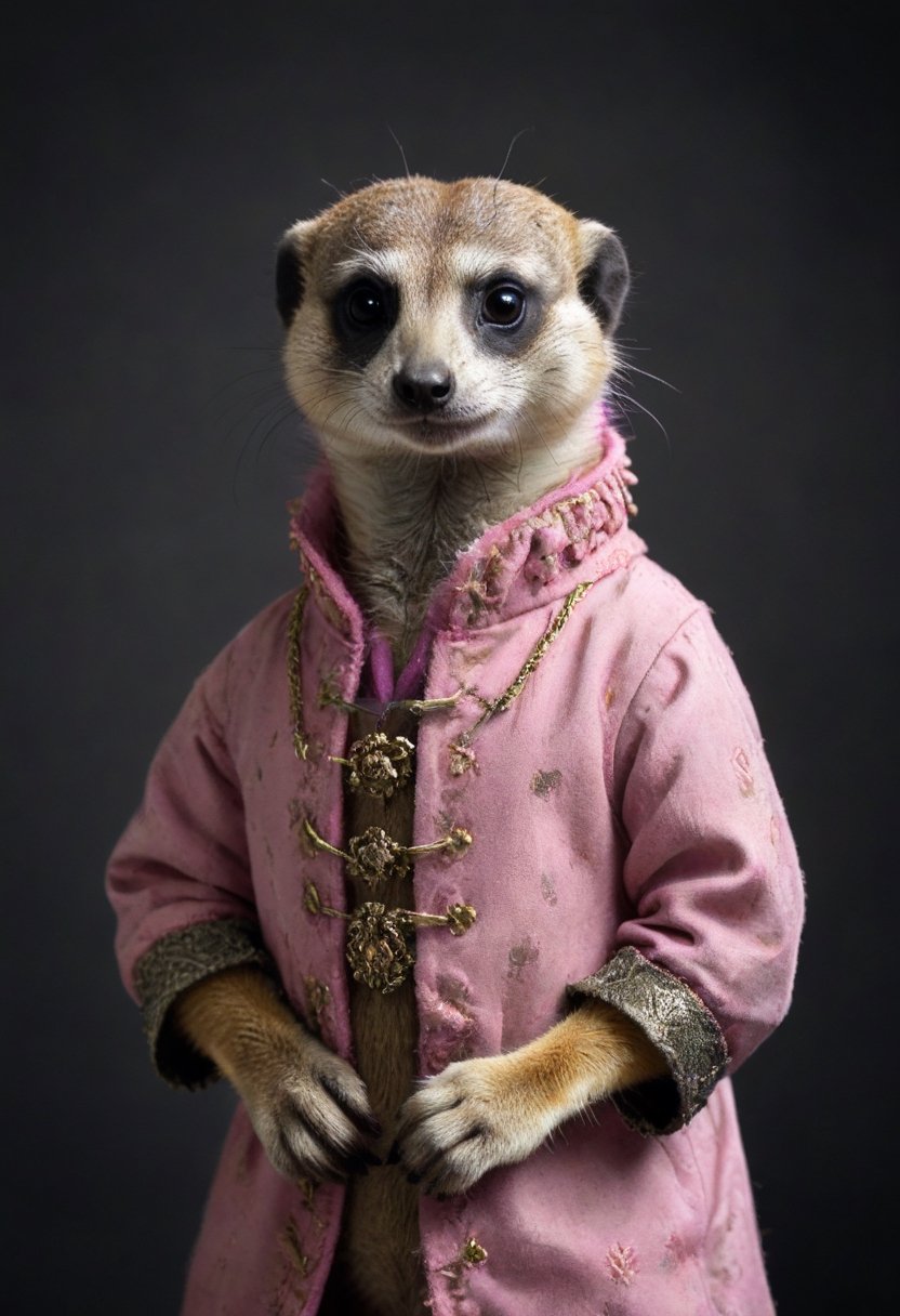 a meerkat wearing a pink renaissance outfit, dark grey background
