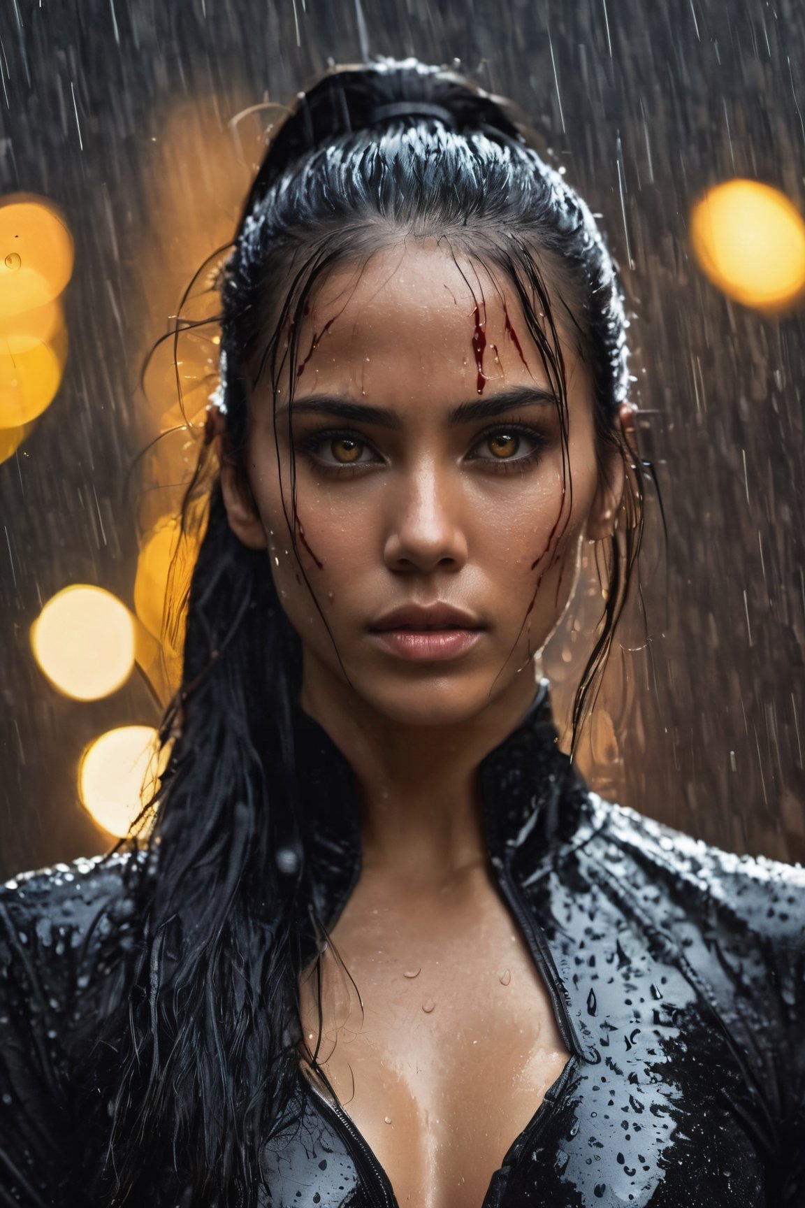 Up close photo of a dangerous assassin mysterious, serious expression, long black ponytail, tight bodysuit, night time rain, (luminous golden eyes:1.2), ((best quality)), intricate detailing, luminous back lighting, Cinematic, Filmic, medium shot, 4k, Front-light, Cinematic Lighting(night time:1.1), (rain:1.2), highly detailed skin, blood splatters, blood drops washing away in the rain, scars