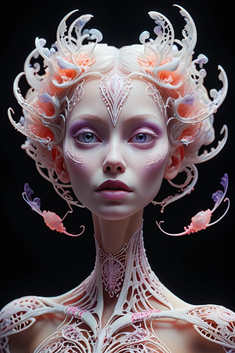 photo RAW, (Black, petrol, lilac and neon pink : Portrait of ghostly white mantis, woman, shiny aura, highly detailed, white filigree, intricate motifs, organic tracery, Januz Miralles, Hikari Shimoda, glowing stardust by W. Zelmer, perfect composition, smooth, sharp focus, sparkling particles, lively coral reef background Realistic, realism, hd, 35mm photograph, 8k), masterpiece, award winning photography, natural light, perfect composition, high detail, hyper realistic