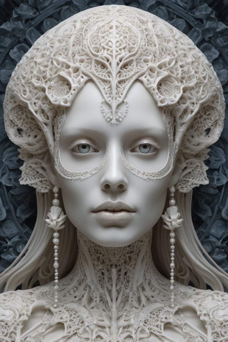 detailed realistic beautiful porcelain skull goddess portrait by jean delville, gustave dore, iris van herpen and marco mazzoni, art forms of nature by ernst haeckel, art nouveau, symbolist, visionary, gothic, neo - gothic, pre - raphaelite, fractal lace, intricate alien botanicals, ai biodiversity, surreality, hyperdetailed ultrasharp octane render