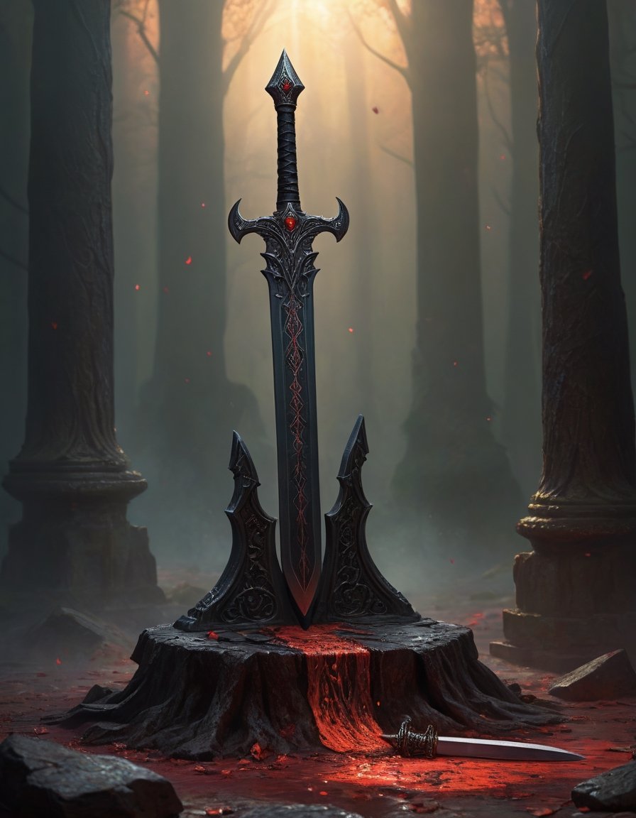 ethereal fantasy concept art of  a black sword with dark runes surrounded by shadows rests on a blood-stained sacrificial altar . magnificent, celestial, ethereal, painterly, epic, majestic, magical, fantasy art, cover art, dreamy