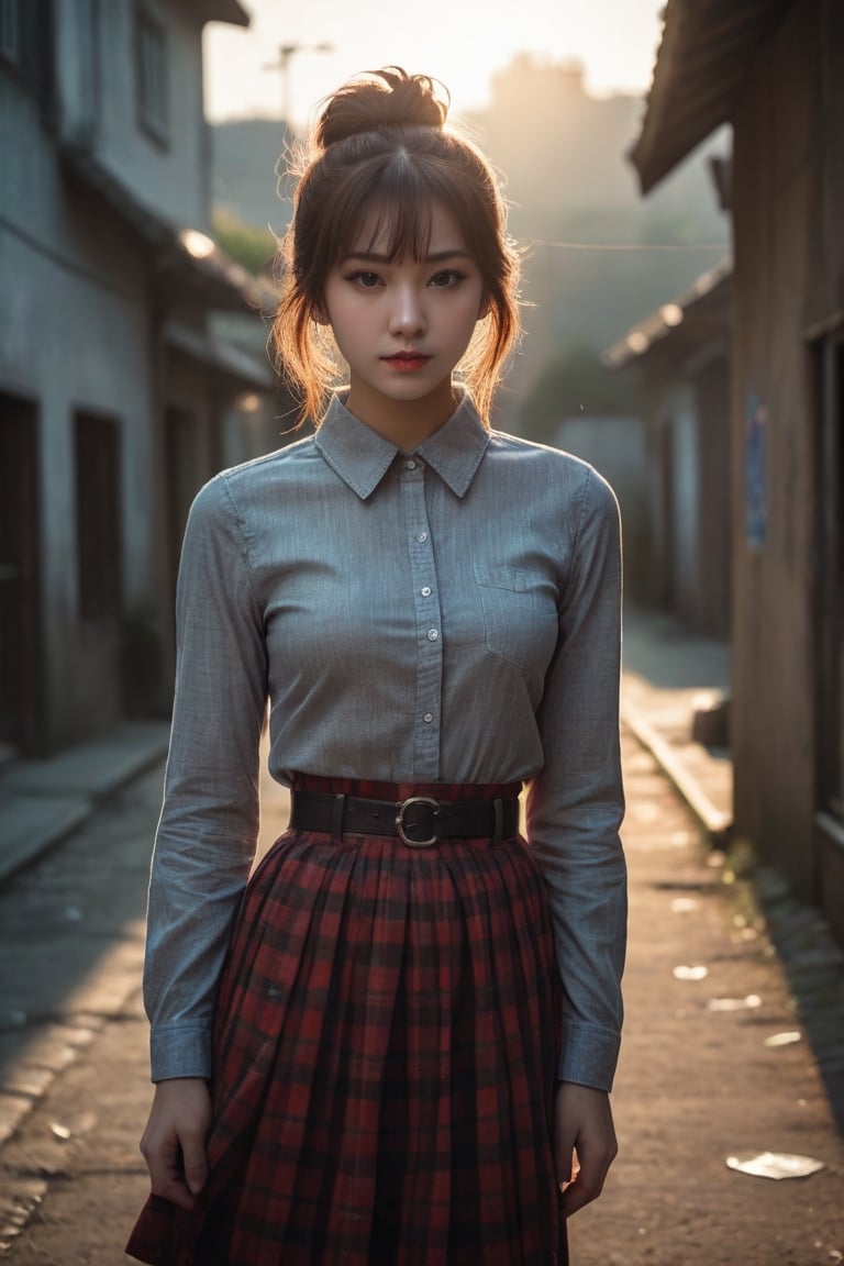 cinematic photo 25yo woman eyeliner skindantation flat chest  (eyes visible through hair)
silver eyes, dark iridescence hair, medium hair , single hair bun, drill hair , straight-across fringe, hair flaps , :D, , head_tilt standing  dark gradient gingham check collared shirt hazel long skirt  fishnet tights platform sneakers great wall of china, warm light sunset, rays light sparkles lens flare deep shadows, depth of field peerless scenery sentimental . 35mm photograph, film, bokeh, professional, 4k, highly detailed