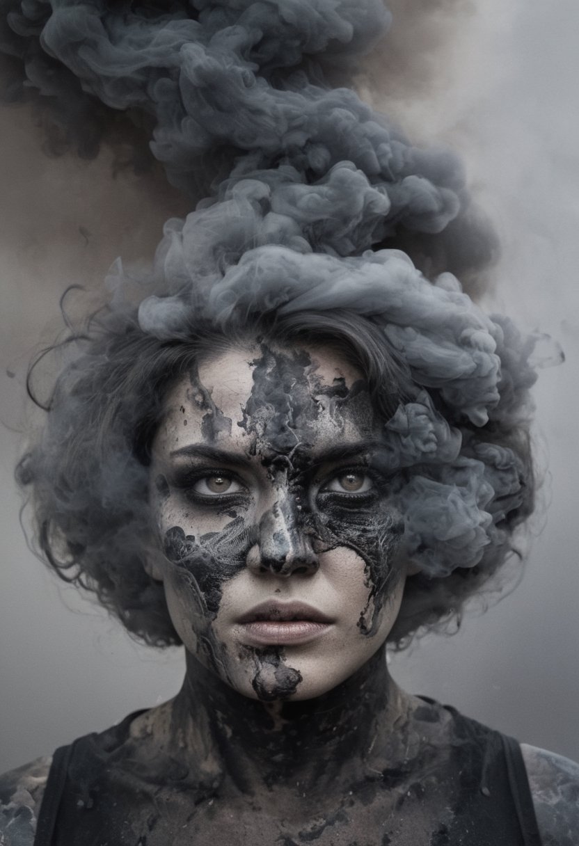 Double-masking photography, an angry goddess formed from the smoke of a 2005 dodge ram slt cummins pickup truck, goddess Earth crying, from the smoke exits a 2005 dodge ram slt cummins pickup truck , black smoke, fire, acid rain, by Dan Mountford, by Dan Hillier, negative space, intricate details, photo illustration, 100 mm lens, cinematic scenes, ink art, blink-and-you-miss-it detail, DOUBLE EXPOSURE STYLE