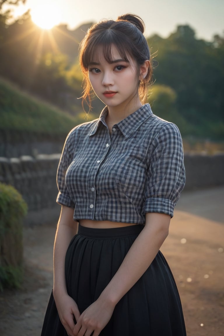 cinematic photo 25yo woman eyeliner skindantation flat chest  (eyes visible through hair)
silver eyes, dark iridescence hair, medium hair , single hair bun, drill hair , straight-across fringe, hair flaps , :D, , head_tilt standing  dark gradient gingham check collared shirt hazel long skirt  fishnet tights platform sneakers great wall of china, warm light sunset, rays light sparkles lens flare deep shadows, depth of field peerless scenery sentimental . 35mm photograph, film, bokeh, professional, 4k, highly detailed