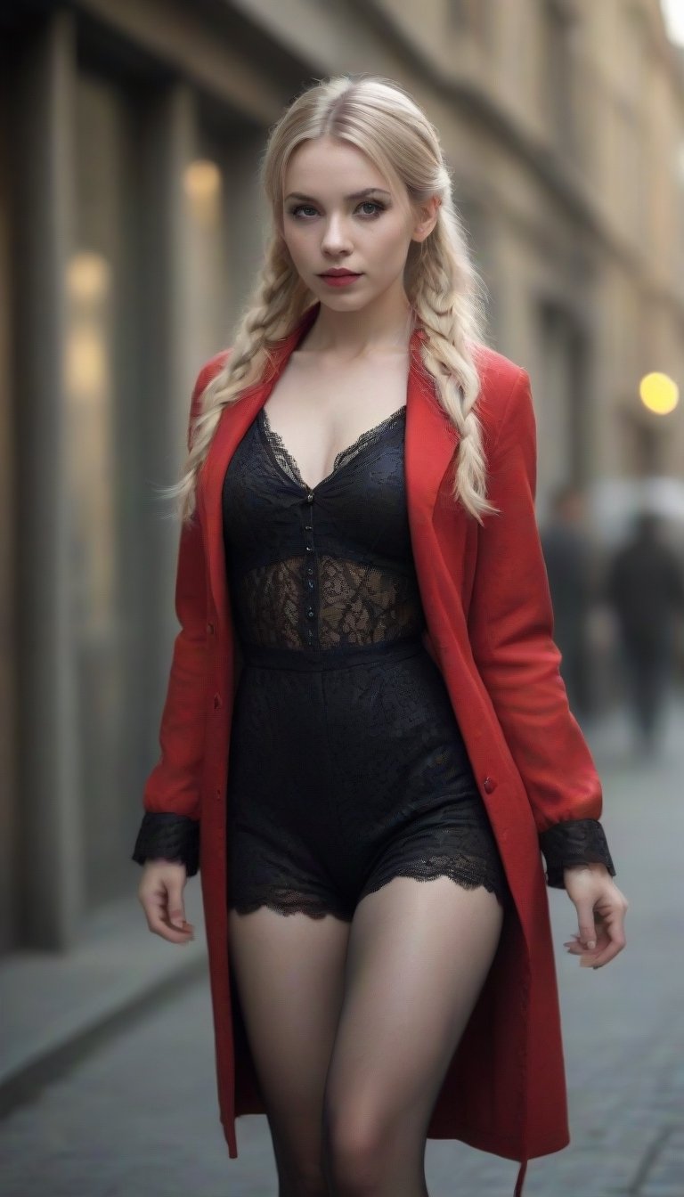 cinematic photo aestetic 30 year old pale woman, blonde with pigtails, tight black lace jumpsuit, long red vinyl coat, perfect legs, dynamic pose, dynamic shot, (natural skin texture, hyperrealism, soft light, sharp), Cannon EOS 5D Mark III, 35mm photograph, film, bokeh, professional, 4k, highly detailed