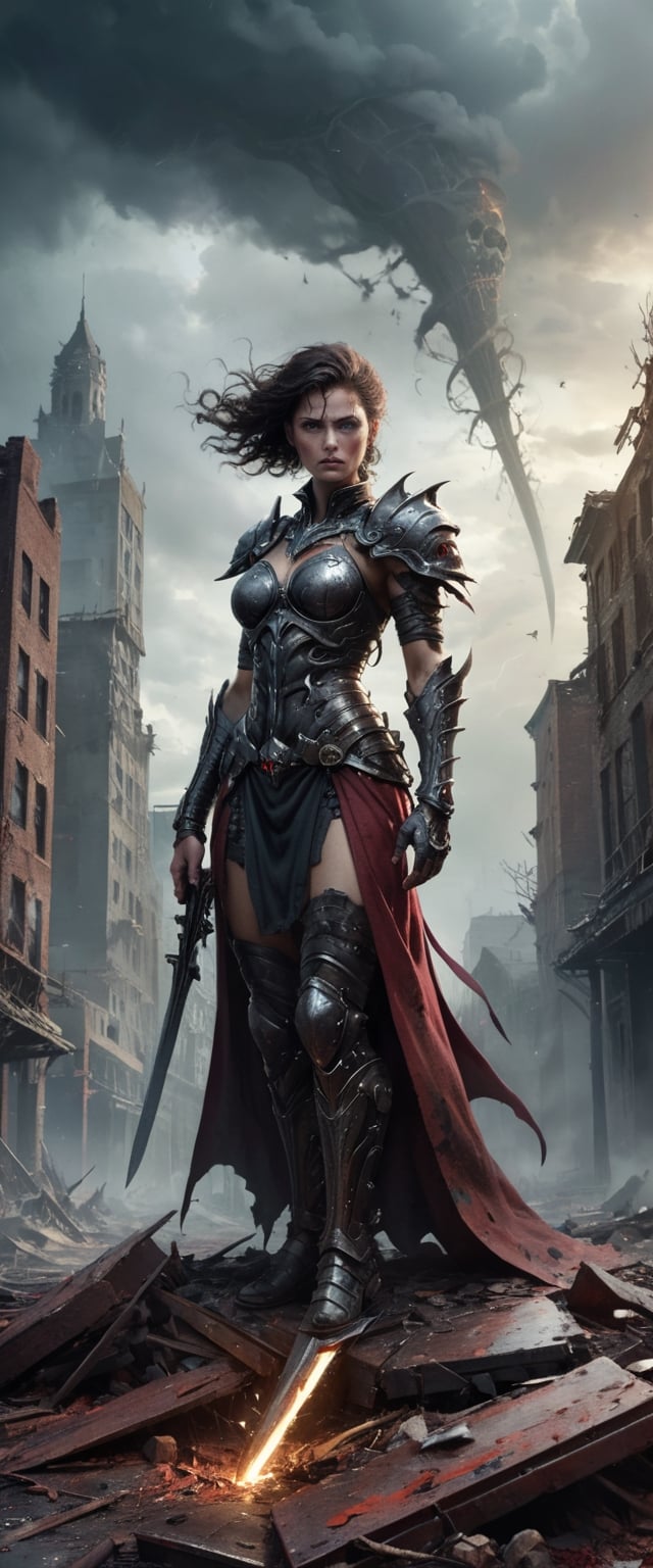 In this captivating artwork, a Metal Maiden adorned in Chaos Warrior of Khorne armor dominates a ruined post-apocalyptic cityscape. The great sword in hand gleams with ultra-detailed intricacies, reflecting a twisted blend of sci-fi, fantasy, and horror elements. The ground is strewn with skulls and blood, emphasizing the grim aftermath. A tornado swirls ominously in the background, adding an apocalyptic touch, while ethereal and disturbing surrealism intensify the atmosphere. The deserted city is juxtaposed with empty chairs, tangled roots, and a mysterious key. Warped and mangled elements contribute to the surreal nature of the scene, with oil on canvas and dry brush techniques enhancing the overall texture. The play of isolation, glaze, reflected light, and glass elements elevates the visual impact, creating a haunting masterpiece that encapsulates a fusion of genres and emotions.
, 