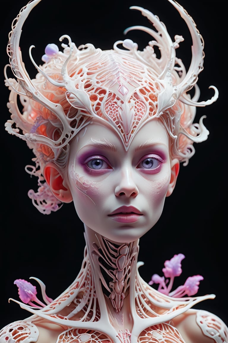 photo RAW, (Black, petrol, lilac and neon pink : Portrait of ghostly white mantis, woman, shiny aura, highly detailed, white filigree, intricate motifs, organic tracery, Januz Miralles, Hikari Shimoda, glowing stardust by W. Zelmer, perfect composition, smooth, sharp focus, sparkling particles, lively coral reef background Realistic, realism, hd, 35mm photograph, 8k), masterpiece, award winning photography, natural light, perfect composition, high detail, hyper realistic