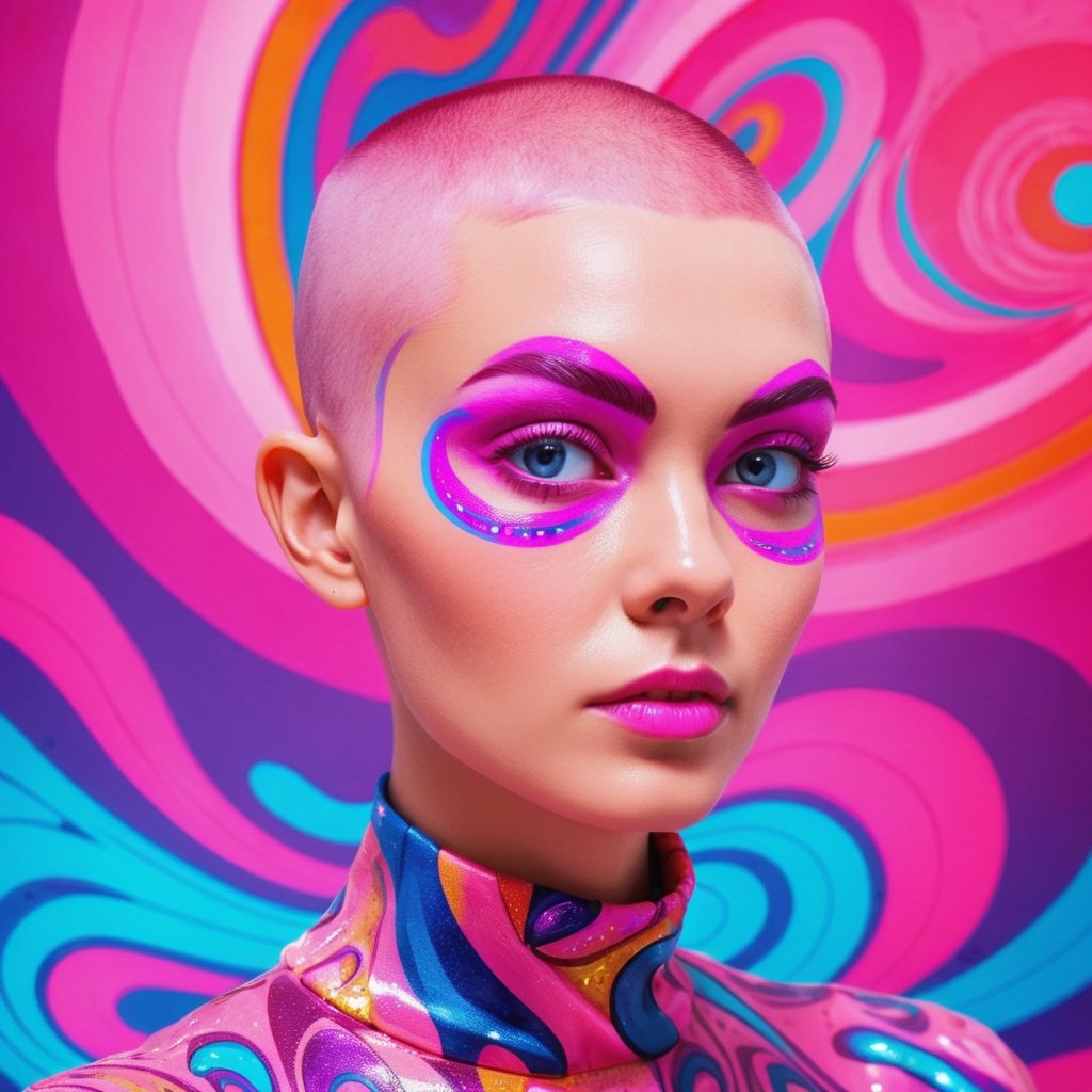 psychedelic style a woman, young girl, pink, buzz cut, eyebrow gel, a society where people can genetically enhance themselves to have extraordinary abilities, feminist science fiction . vibrant colors, swirling patterns, abstract forms, surreal, trippy 