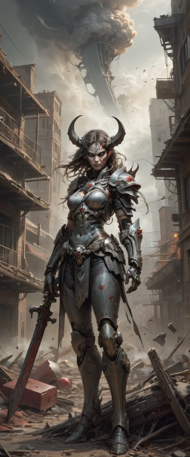 In this captivating artwork, close up shot of a Metal Maiden adorned in Chaos Warrior of Khorne armor dominates a ruined post-apocalyptic cityscape. The great sword in hand gleams with ultra-detailed intricacies, reflecting a twisted blend of sci-fi, fantasy, and horror elements. The ground is strewn with skulls and blood, emphasizing the grim aftermath. A tornado swirls ominously in the background, adding an apocalyptic touch, while ethereal and disturbing surrealism intensify the atmosphere. The deserted city is juxtaposed with empty chairs, tangled roots, and a mysterious key. Warped and mangled elements contribute to the surreal nature of the scene, with oil on canvas and dry brush techniques enhancing the overall texture. The play of isolation, glaze, reflected light, and glass elements elevates the visual impact, creating a haunting masterpiece that encapsulates a fusion of genres and emotions.
, 