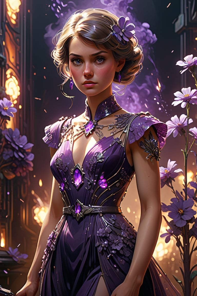 Woman in an amethyst dress with amethyst flowers, sharp focus, emitting diodes, smoke, artillery, sparks, racks, system unit, motherboard, by pascal blanche rutkowski repin artstation hyperrealism painting concept art of detailed character design matte painting, 4 k resolution blade runner