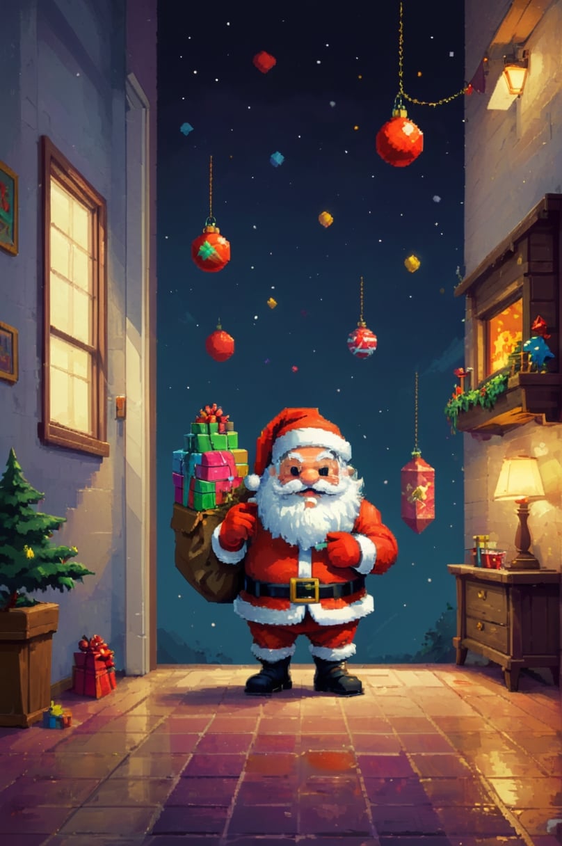 retro game art santa claus. 16-bit, vibrant colors, pixelated, nostalgic, charming, fun, pixel art