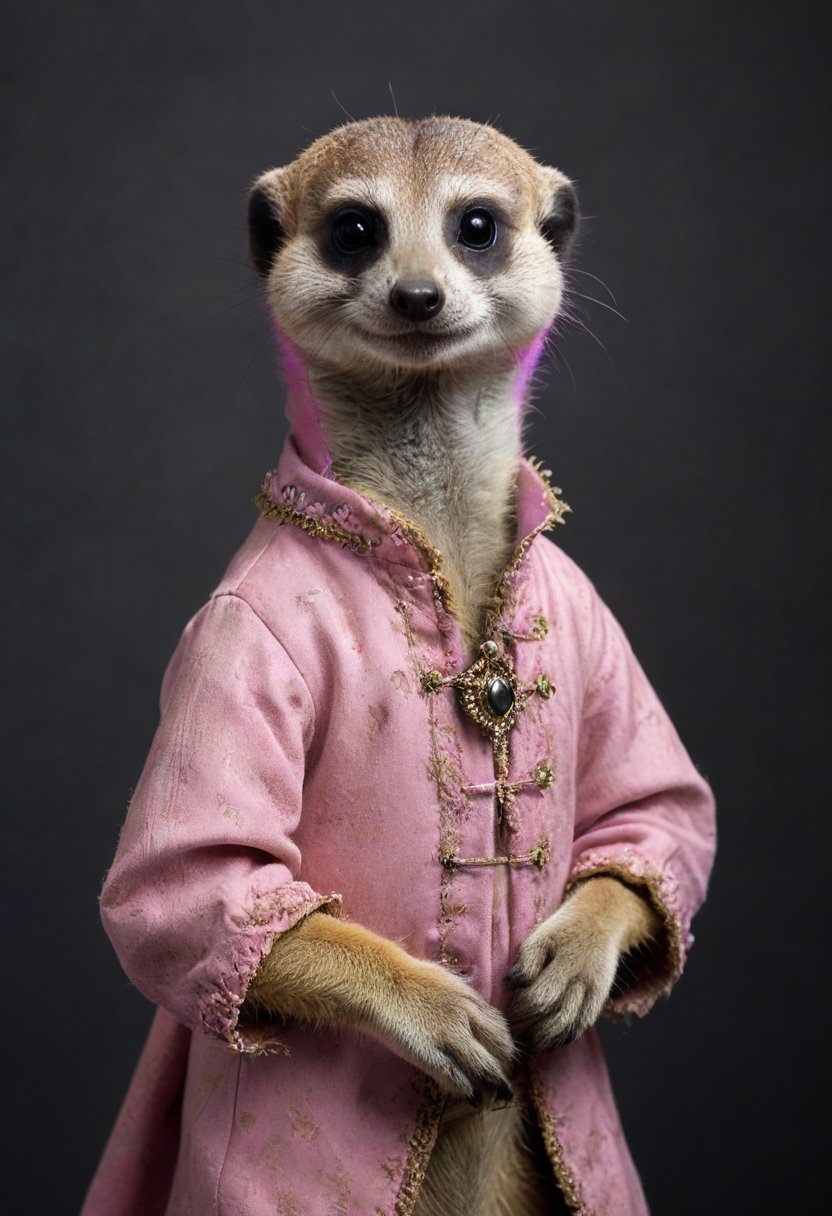 a meerkat wearing a pink renaissance outfit, dark grey background
