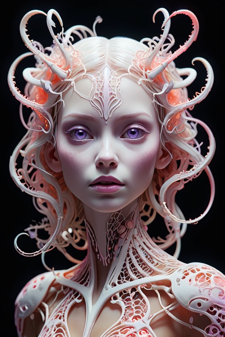 photo RAW, (Black, petrol, lilac and neon pink : Portrait of ghostly white mantis, woman, shiny aura, highly detailed, white filigree, intricate motifs, organic tracery, Januz Miralles, Hikari Shimoda, glowing stardust by W. Zelmer, perfect composition, smooth, sharp focus, sparkling particles, lively coral reef background Realistic, realism, hd, 35mm photograph, 8k), masterpiece, award winning photography, natural light, perfect composition, high detail, hyper realistic