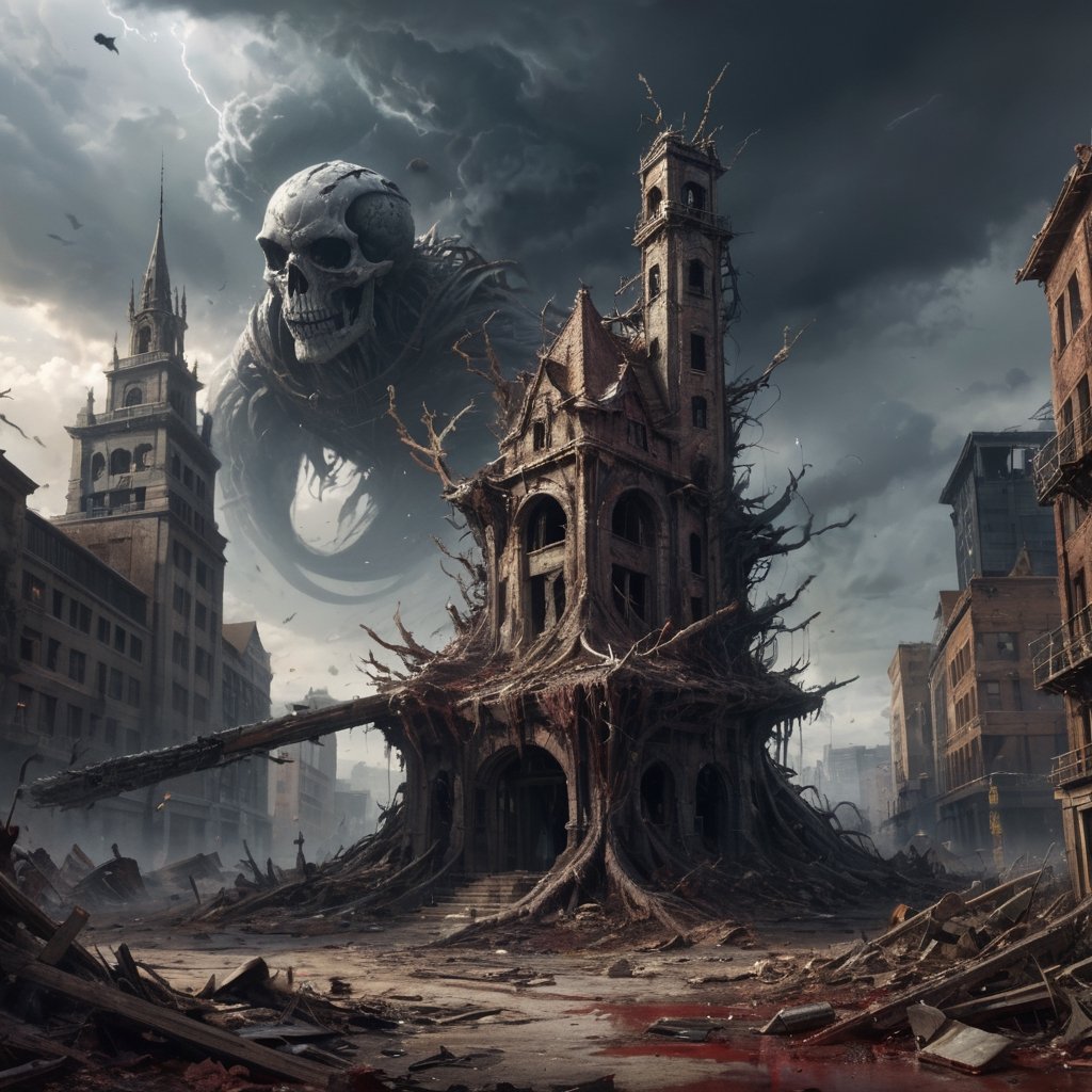 In this captivating artwork, a Metal Maiden adorned in Chaos Warrior of Khorne armor dominates a ruined post-apocalyptic cityscape. The great sword in hand gleams with ultra-detailed intricacies, reflecting a twisted blend of sci-fi, fantasy, and horror elements. The ground is strewn with skulls and blood, emphasizing the grim aftermath. A tornado swirls ominously in the background, adding an apocalyptic touch, while ethereal and disturbing surrealism intensify the atmosphere. The deserted city is juxtaposed with empty chairs, tangled roots, and a mysterious key. Warped and mangled elements contribute to the surreal nature of the scene, with oil on canvas and dry brush techniques enhancing the overall texture. The play of isolation, glaze, reflected light, and glass elements elevates the visual impact, creating a haunting masterpiece that encapsulates a fusion of genres and emotions.
, 