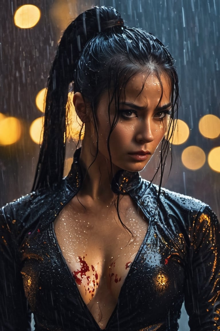 Up close photo of a dangerous assassin mysterious, serious expression, long black ponytail, tight bodysuit, night time rain, (luminous golden eyes:1.2), ((best quality)), intricate detailing, luminous back lighting, Cinematic, Filmic, medium shot, 4k, Front-light, Cinematic Lighting(night time:1.1), (rain:1.2), highly detailed skin, blood splatters, blood drops washing away in the rain, scars