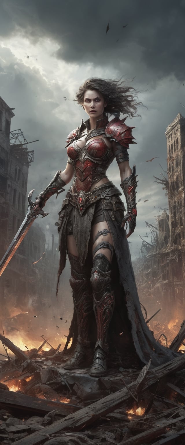 In this captivating artwork, close up shot of a Metal Maiden adorned in Chaos Warrior of Khorne armor dominates a ruined post-apocalyptic cityscape. The great sword in hand gleams with ultra-detailed intricacies, reflecting a twisted blend of sci-fi, fantasy, and horror elements. The ground is strewn with skulls and blood, emphasizing the grim aftermath. A tornado swirls ominously in the background, adding an apocalyptic touch, while ethereal and disturbing surrealism intensify the atmosphere. The deserted city is juxtaposed with empty chairs, tangled roots, and a mysterious key. Warped and mangled elements contribute to the surreal nature of the scene, with oil on canvas and dry brush techniques enhancing the overall texture. The play of isolation, glaze, reflected light, and glass elements elevates the visual impact, creating a haunting masterpiece that encapsulates a fusion of genres and emotions.
, 