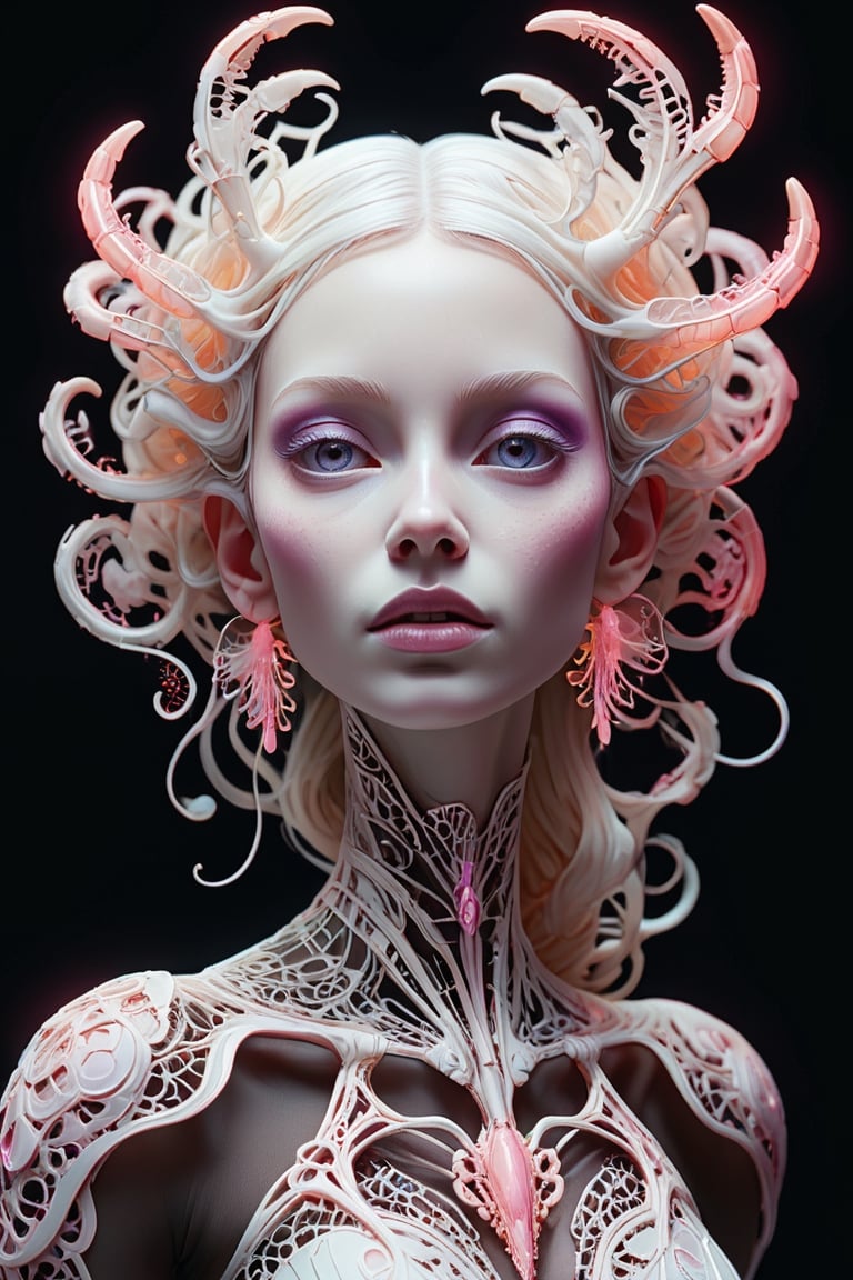 photo RAW, (Black, petrol, lilac and neon pink : Portrait of ghostly white mantis, woman, shiny aura, highly detailed, white filigree, intricate motifs, organic tracery, Januz Miralles, Hikari Shimoda, glowing stardust by W. Zelmer, perfect composition, smooth, sharp focus, sparkling particles, lively coral reef background Realistic, realism, hd, 35mm photograph, 8k), masterpiece, award winning photography, natural light, perfect composition, high detail, hyper realistic