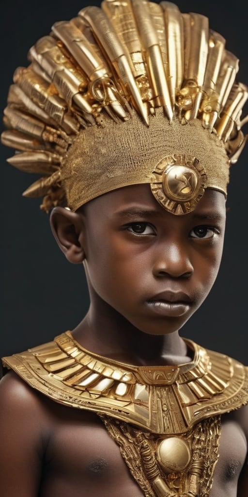 powerful and majestic 8-year-old african deity boy from any mythology dressed in all gold with golden afrofuturistic hairstyle