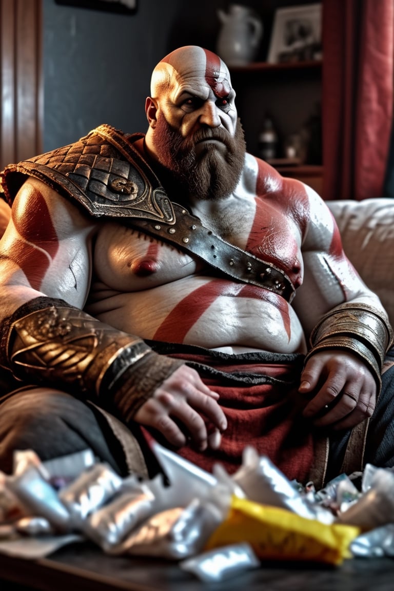 ultra obese Kratos,  sitting on the sofa watching tv in a room full of garbage and plastic,  4k,  octane render,  hyper realistic,  warm lights,  cinematic,  photo,  ultra intricate detail,  ultra realistic detail,  HDR gloomy,  magic fantasy,  close-up,  hyper detailed