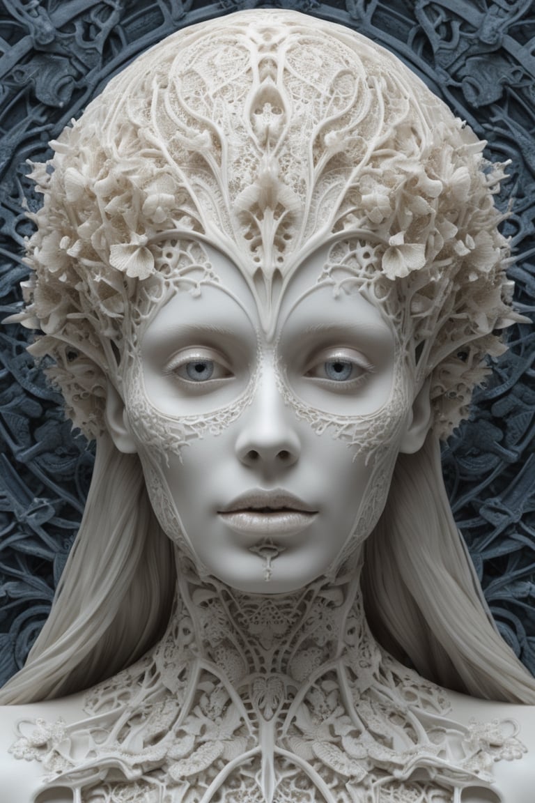 detailed realistic beautiful porcelain skull goddess portrait by jean delville, gustave dore, iris van herpen and marco mazzoni, art forms of nature by ernst haeckel, art nouveau, symbolist, visionary, gothic, neo - gothic, pre - raphaelite, fractal lace, intricate alien botanicals, ai biodiversity, surreality, hyperdetailed ultrasharp octane render